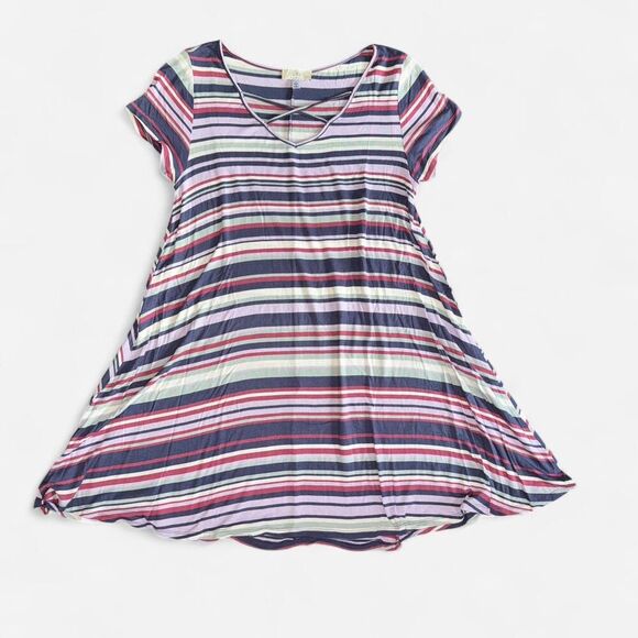 Purple Striped V-Neck Mini Dress / Tunic - Picture 1 of 7